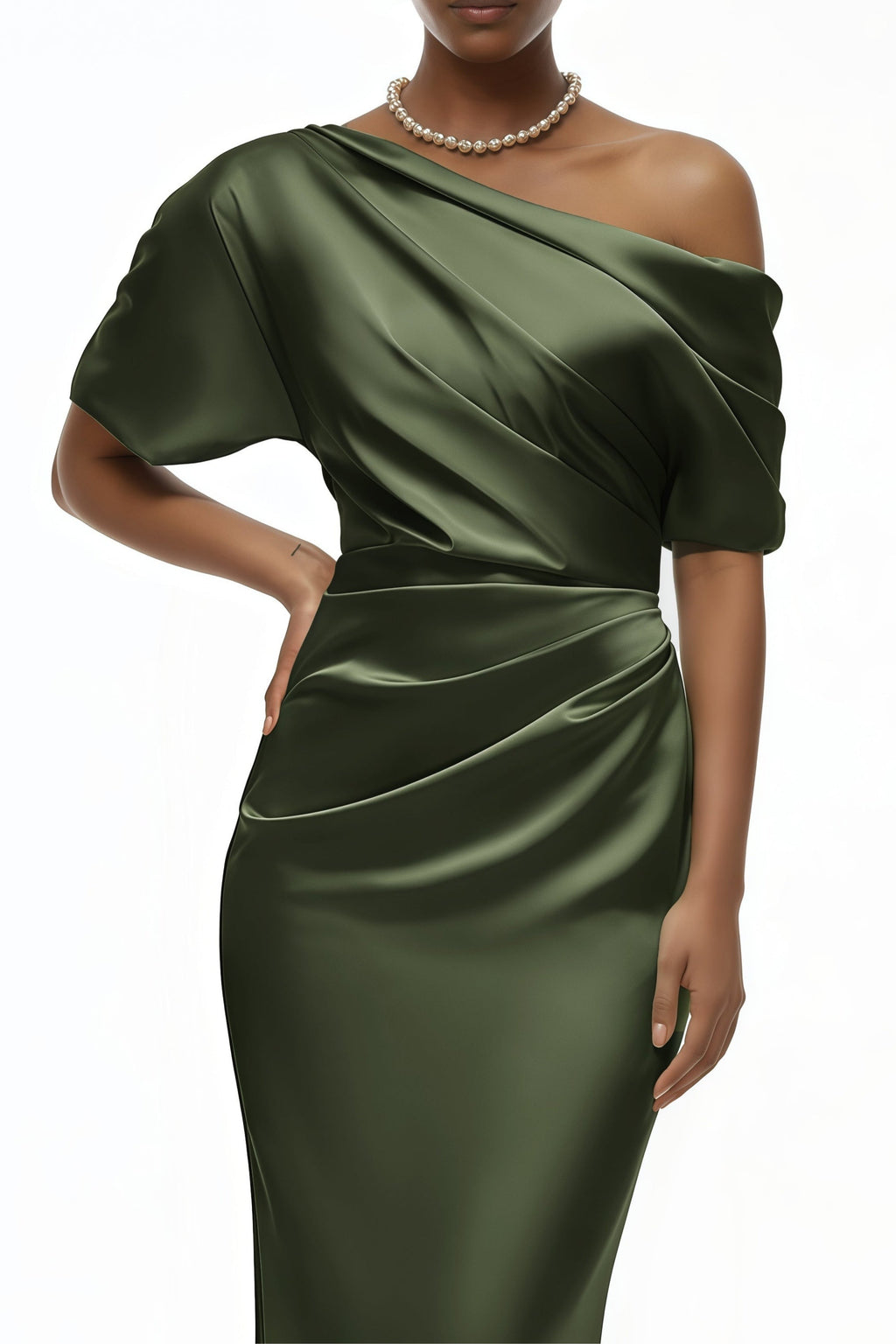 Elegant Green One-Shoulder Satin Maxi Gown