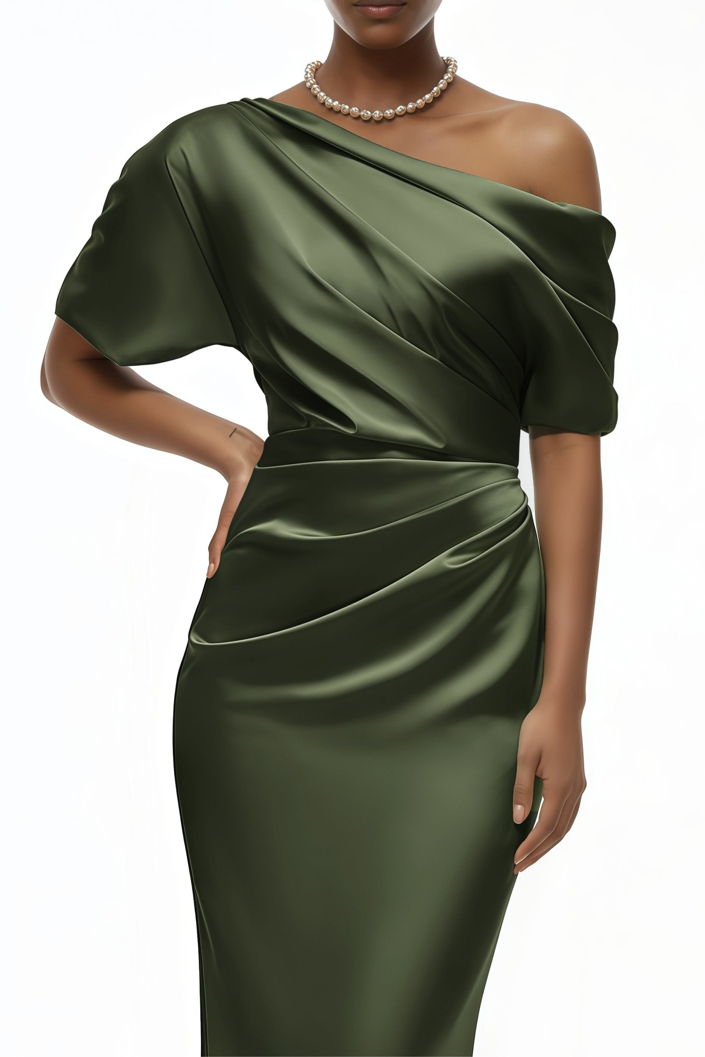 Elegant Green One-Shoulder Satin Maxi Gown