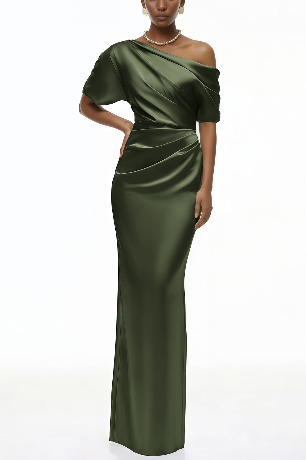 Elegant Green One-Shoulder Satin Maxi Gown