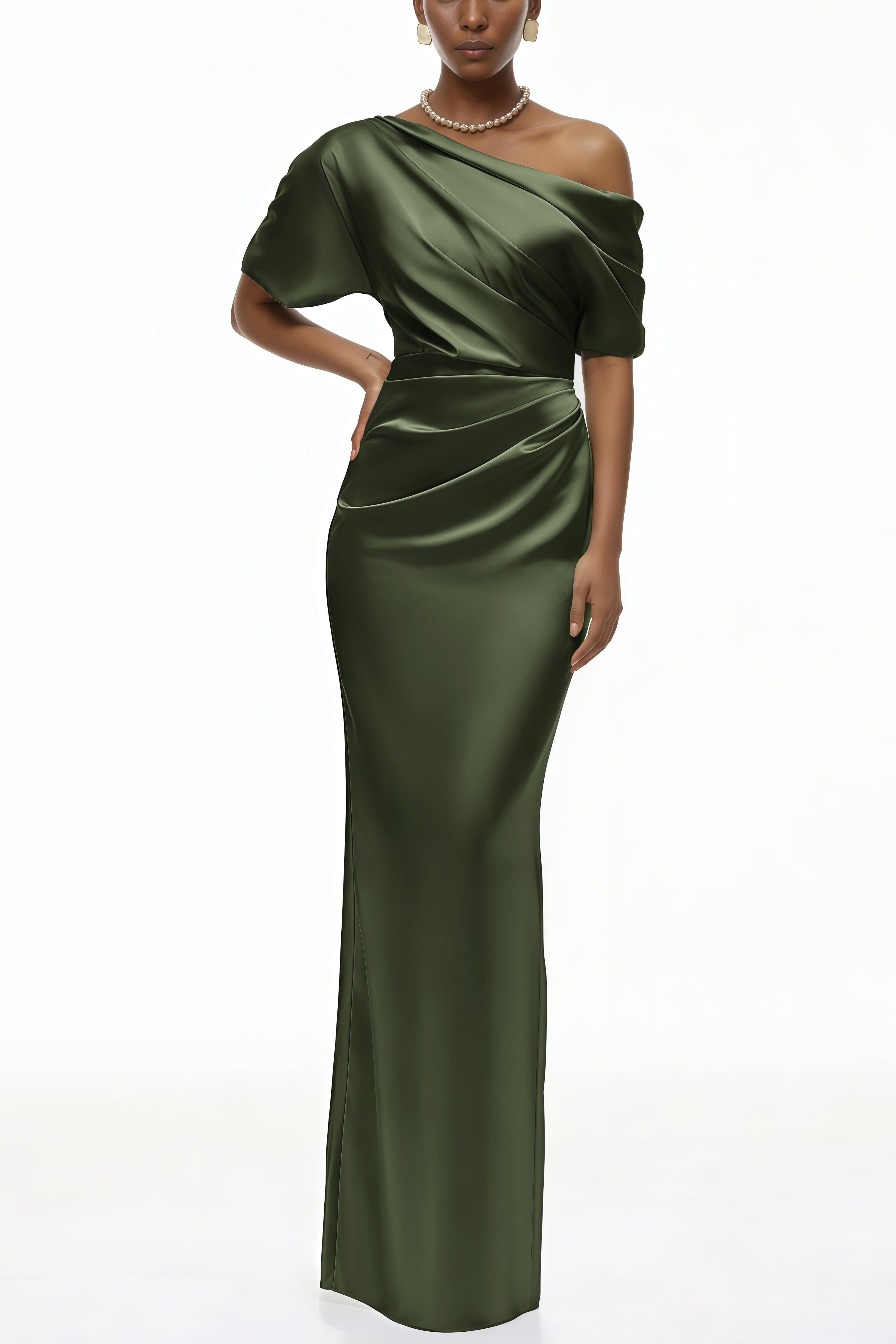 Elegant Green One-Shoulder Satin Maxi Gown