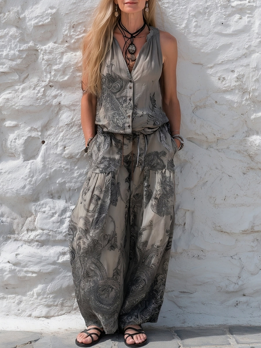 Boho Paisley Print Sleeveless Top & Harem Pants Co-ord Set