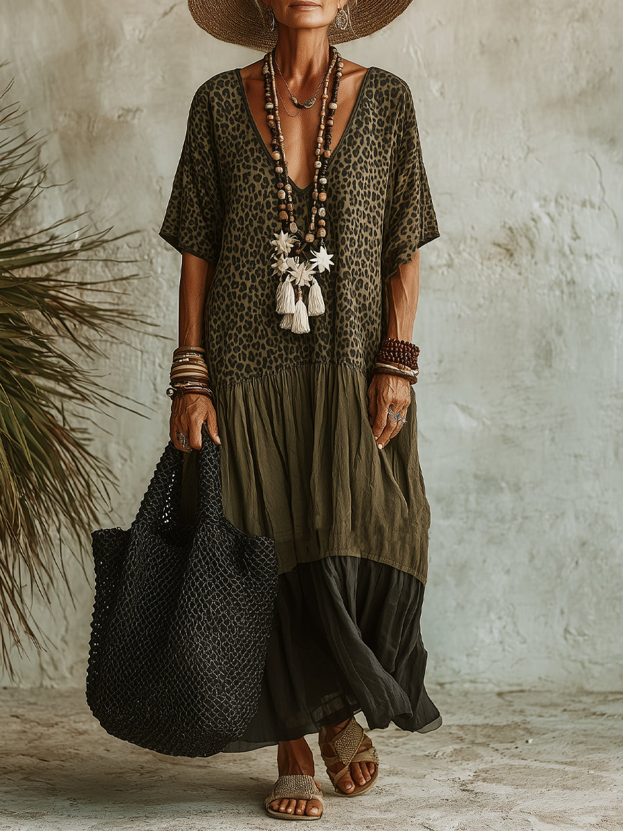 Spliced Leopard Print V-Neck Short-Sleeve Maxi Dress