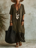 Spliced Leopard Print V-Neck Short-Sleeve Maxi Dress