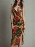 Retro Colorful Print Cowl-Neck Midi Dress with High Slit
