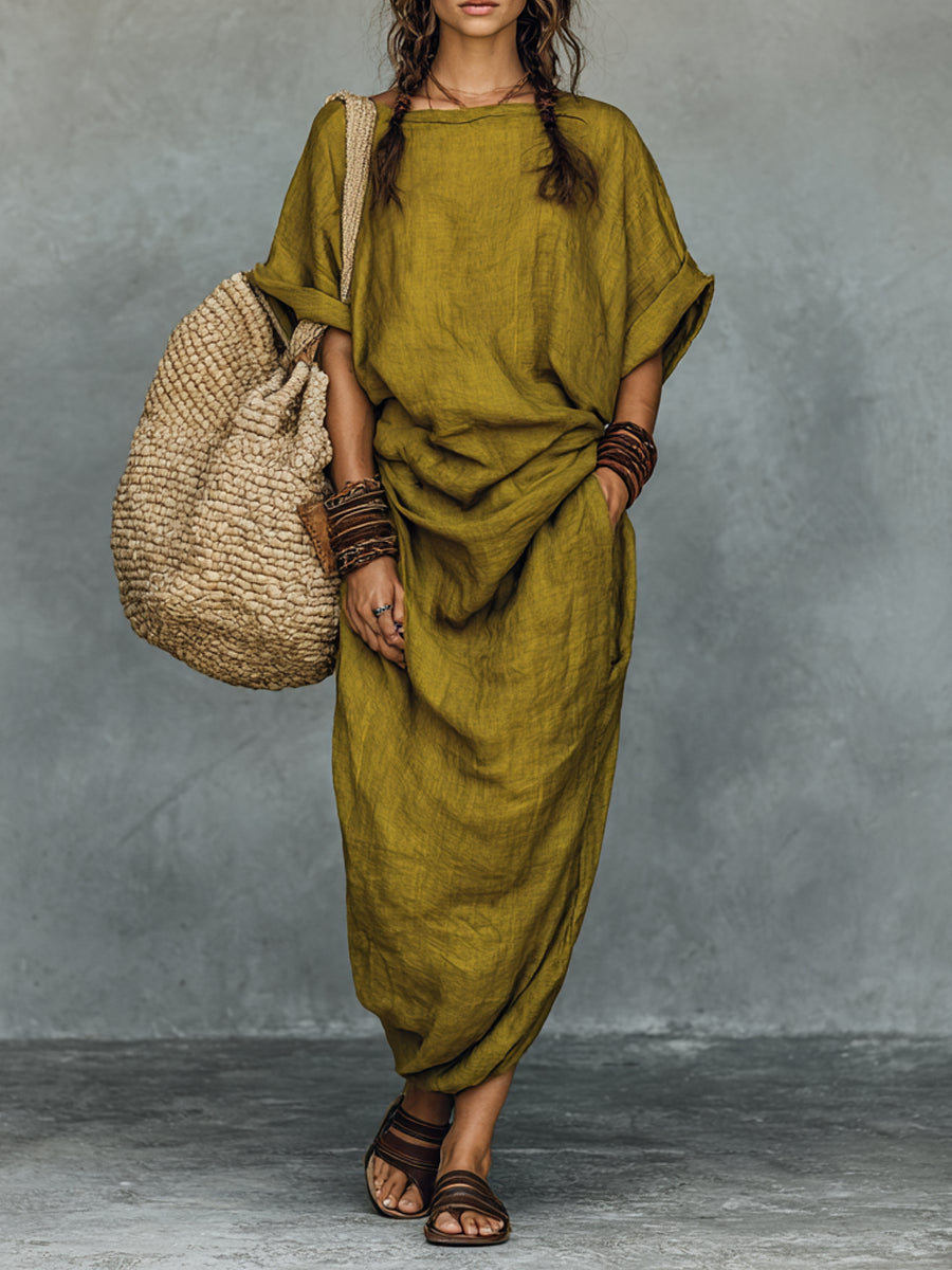 Retro Faux Cotton-Linen Crew Neck Short-Sleeve Maxi Dress