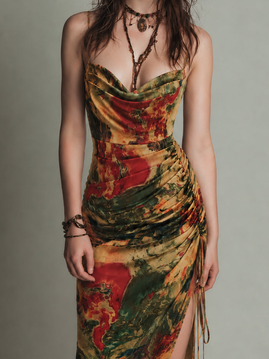 Retro Colorful Print Cowl-Neck Midi Dress with High Slit