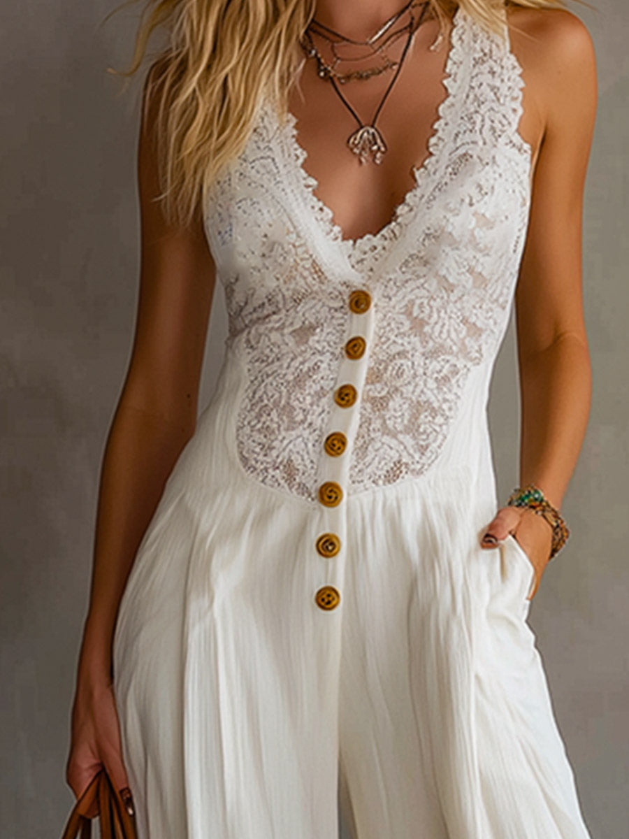 Minimalist White Lace-Paneled Sleeveless Jumpsuit