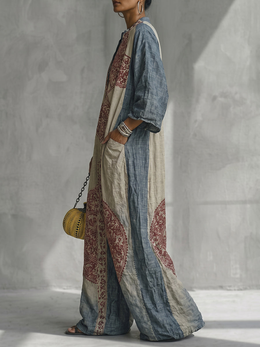 Loose Three-Quarter Sleeves Contrast Color Ethnic Printed Jumpsuits