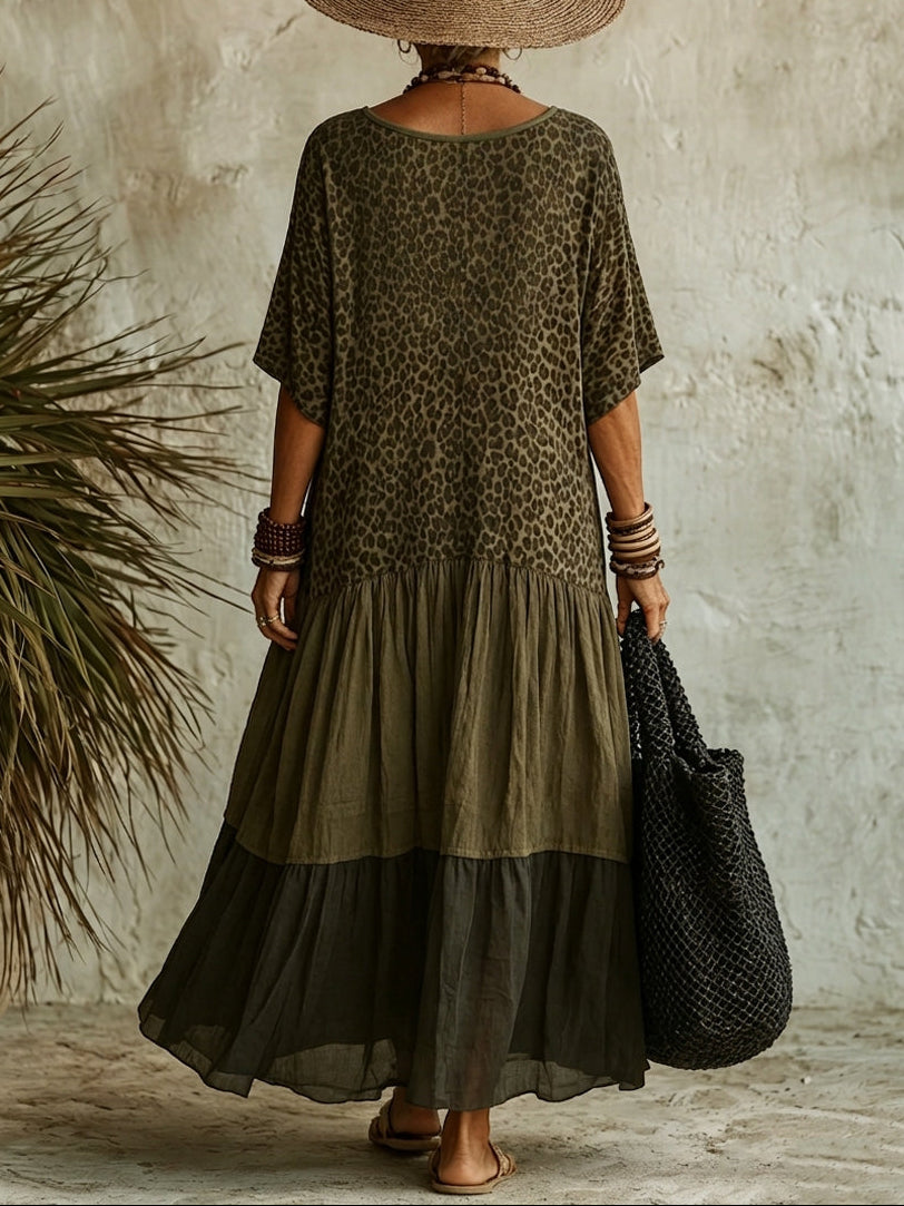 Spliced Leopard Print V-Neck Short-Sleeve Maxi Dress