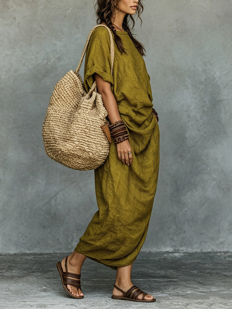Retro Faux Cotton-Linen Crew Neck Short-Sleeve Maxi Dress