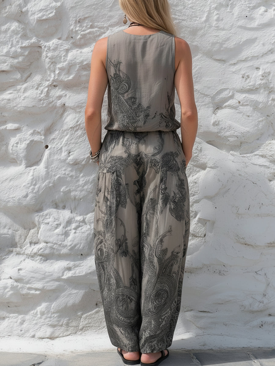 Boho Paisley Print Sleeveless Top & Harem Pants Co-ord Set