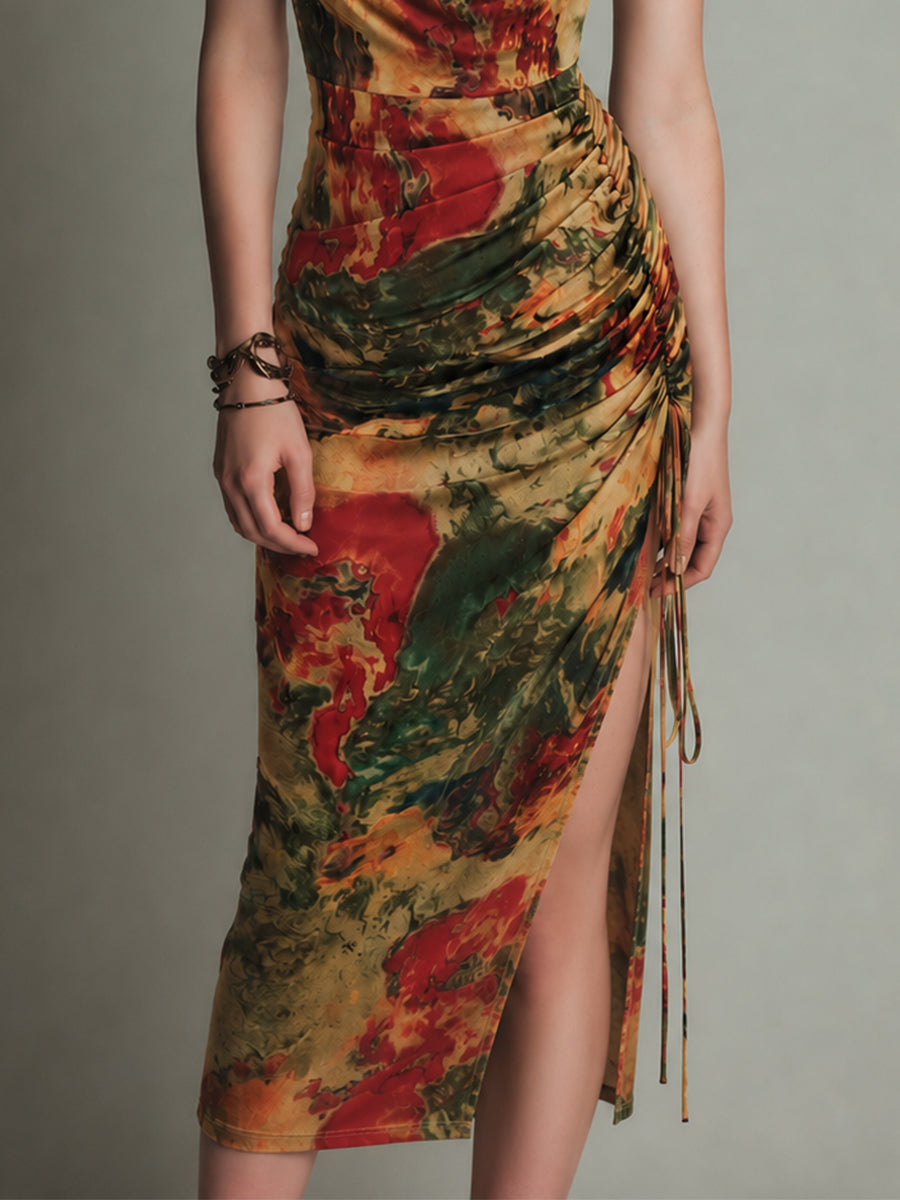 Retro Colorful Print Cowl-Neck Midi Dress with High Slit