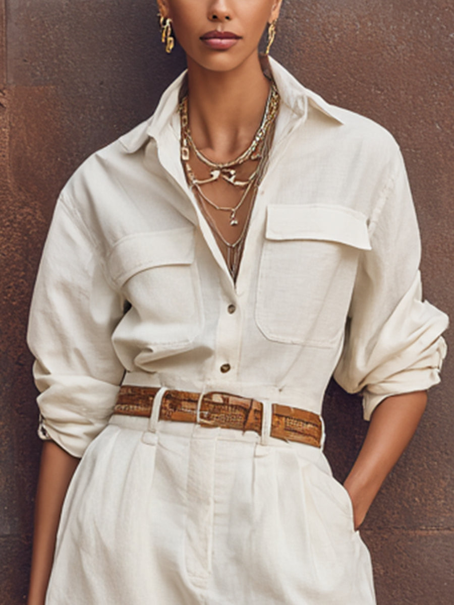 White Single-Breasted Long-Sleeve Cropped Jumpsuit (Belt Included）