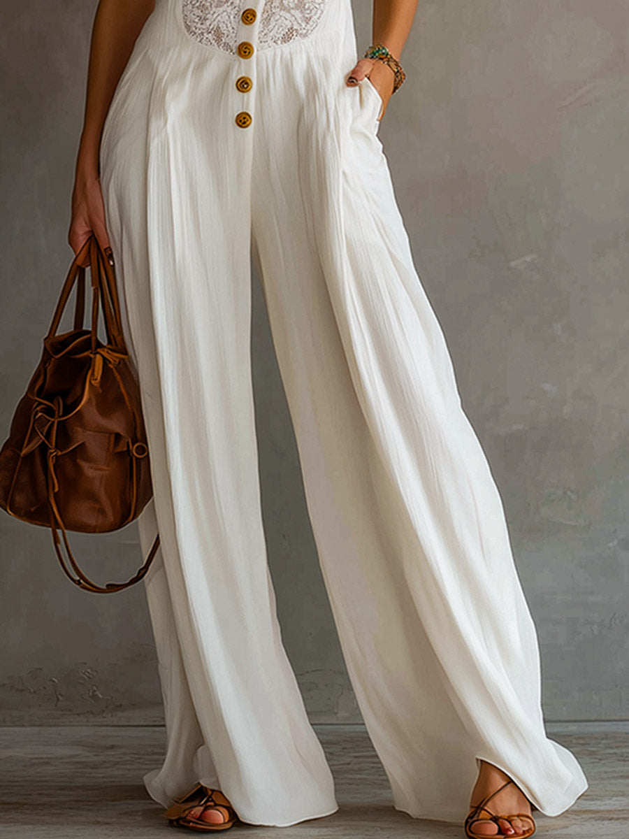 Minimalist White Lace-Paneled Sleeveless Jumpsuit