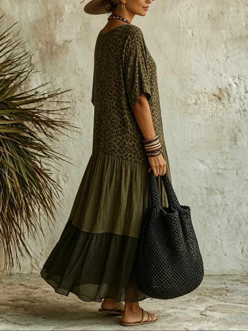 Spliced Leopard Print V-Neck Short-Sleeve Maxi Dress