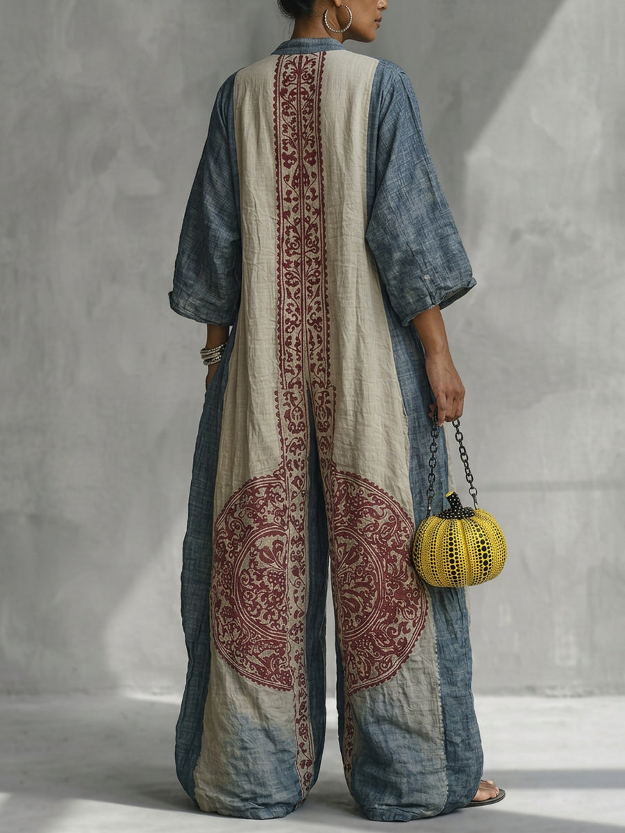 Loose Three-Quarter Sleeves Contrast Color Ethnic Printed Jumpsuits