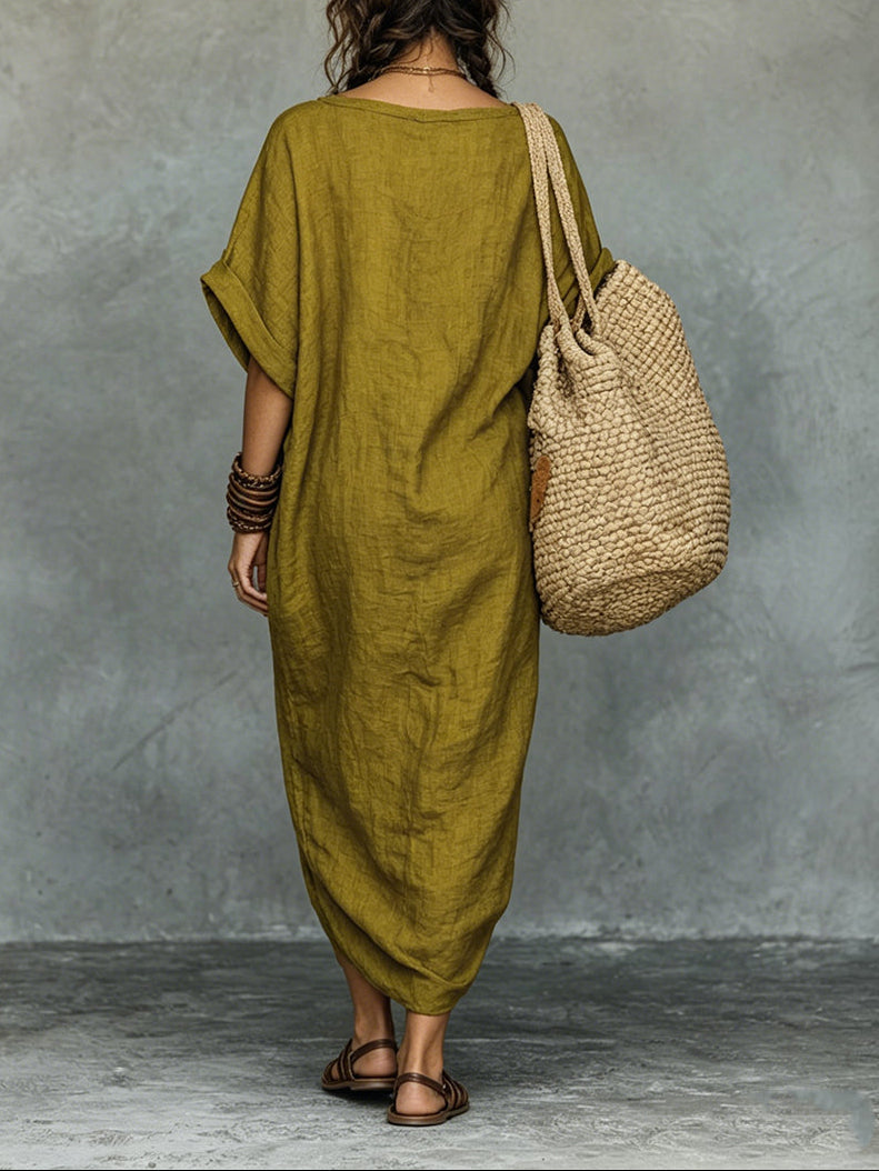 Retro Faux Cotton-Linen Crew Neck Short-Sleeve Maxi Dress