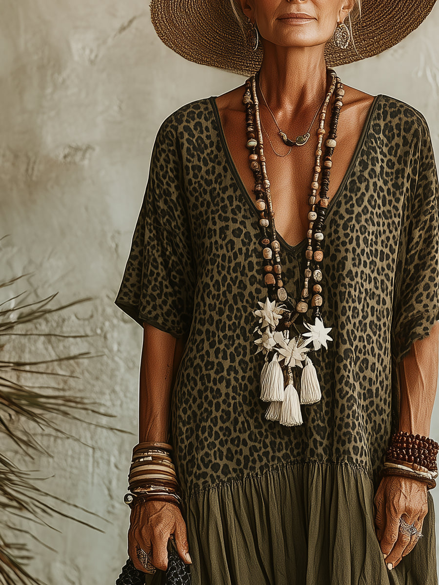 Spliced Leopard Print V-Neck Short-Sleeve Maxi Dress