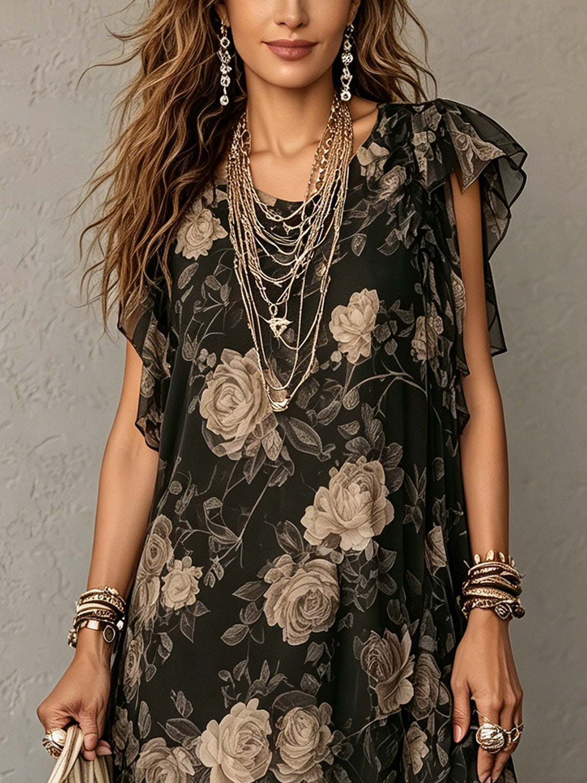 Black Floral Print Ruffle Sleeve Asymmetric Hem Chiffon Midi Dress