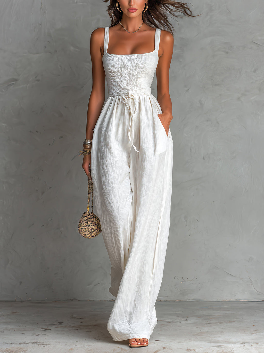 White Square Neck Sleeveless Pleated Drawstring Wide-leg Jumpsuit