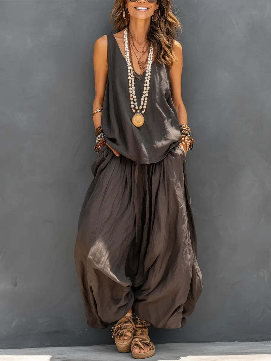 Womens Solid-Colored Casual Sleeveless Tank Top And Wide-Leg Pants Cotton-Linen Set For Daily Wear Holiday Outfit