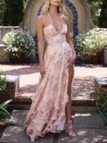 Floral Faux Pearl Frill Split Maxi Dress