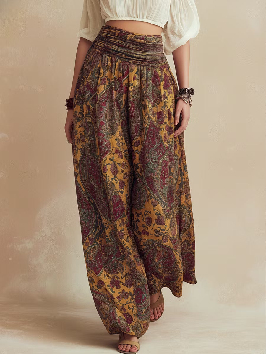Off-the-shoulder crop top paired with printed wide-leg pants set
