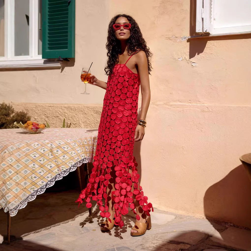 Fashion Hollow-Out Polka Dot Midi Slip Dress - Lightweight Sleeveless Linen-Blend Summer Dress For Women