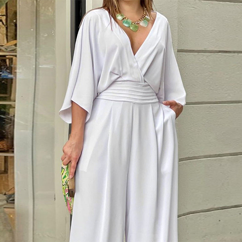 Women's Jumpsuit V-neck Solid Color Summer Trendy Fashion Short-sleeved Street Casual Jumpsuit Suit For Women Clothing