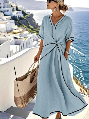 Summer Striped Print Dress Casual Beach Vacation Short-sleeved Maxi Dress Womens Clothing