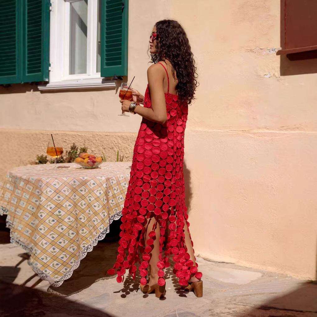 Fashion Hollow-Out Polka Dot Midi Slip Dress - Lightweight Sleeveless Linen-Blend Summer Dress For Women