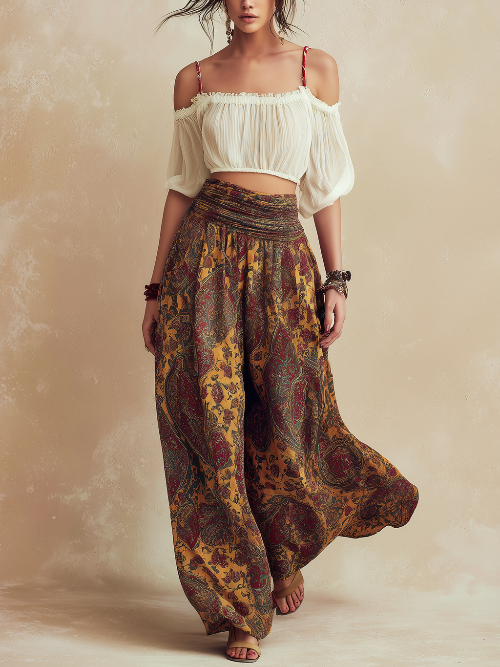 Off-the-shoulder crop top paired with printed wide-leg pants set