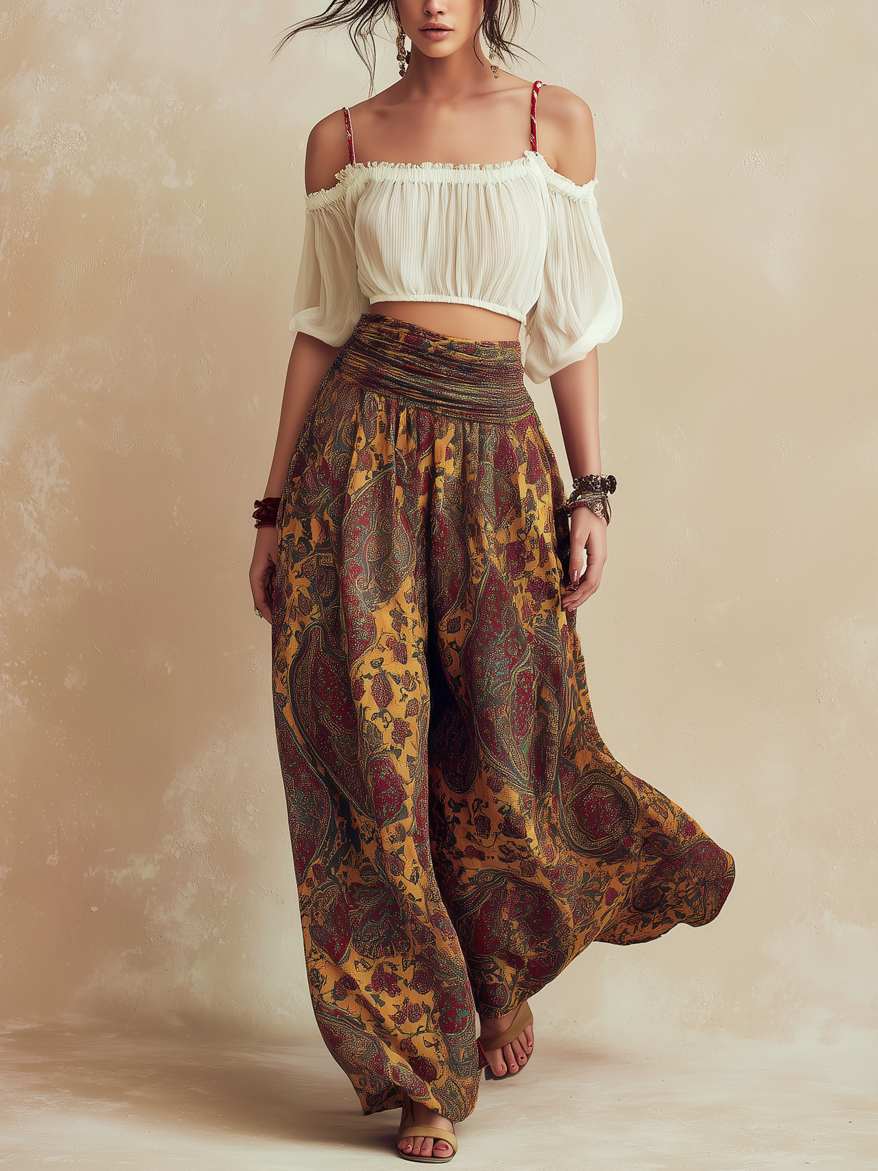 Off-the-shoulder crop top paired with printed wide-leg pants set