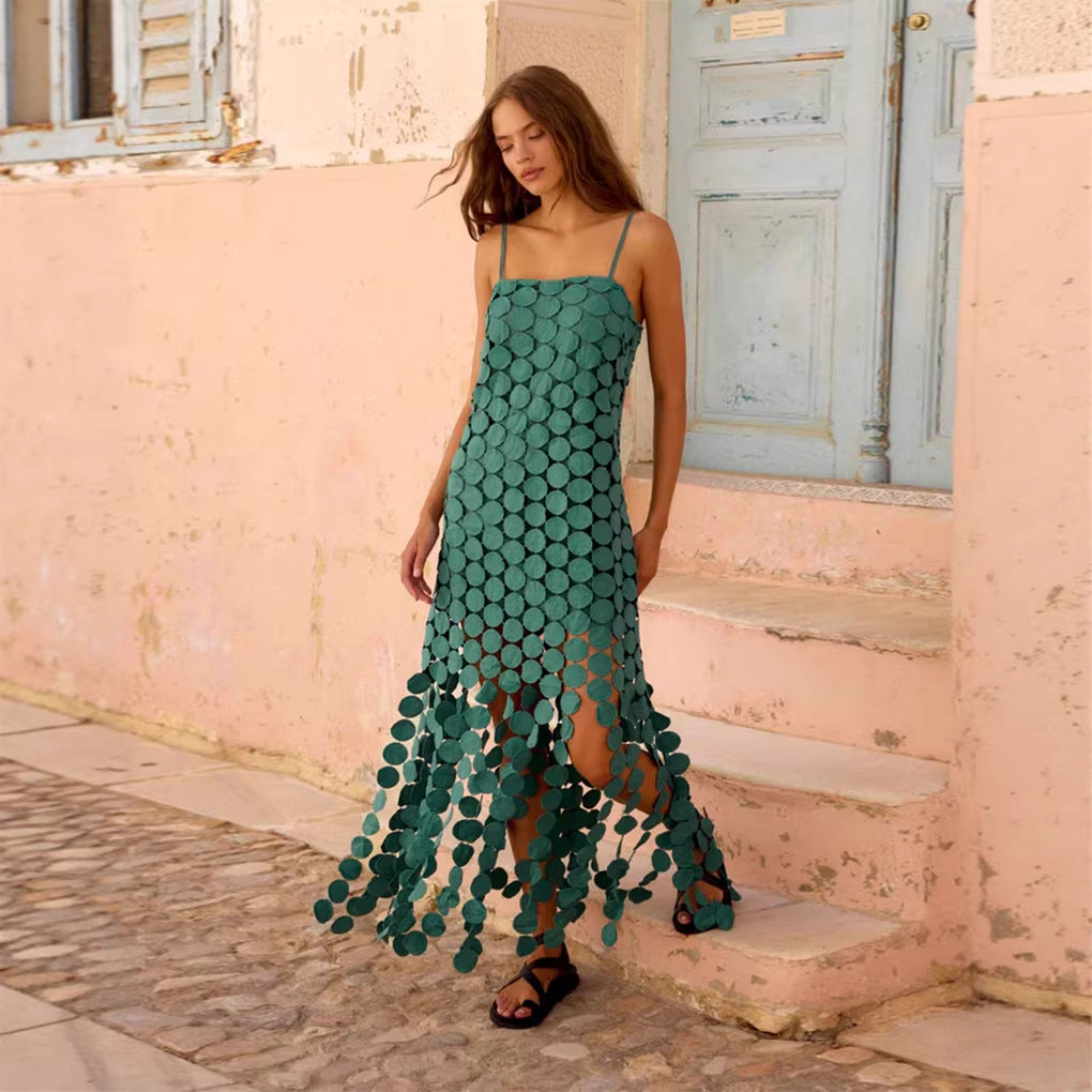 Fashion Hollow-Out Polka Dot Midi Slip Dress - Lightweight Sleeveless Linen-Blend Summer Dress For Women