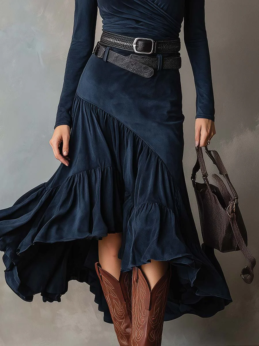 Navy Blue Crossover V-neck Faux Suede Irregular Maxi Dress(with belt)