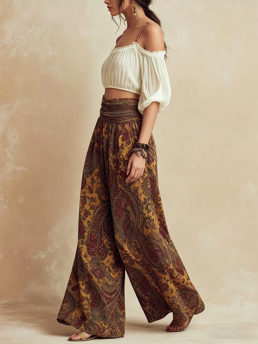 Off-the-shoulder crop top paired with printed wide-leg pants set