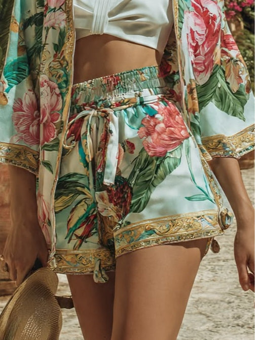 Tropical-Style Satin Floral Two-Piece Vacation Set