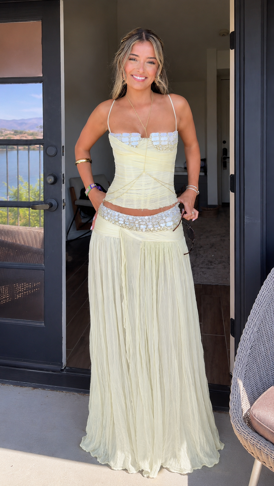 Embellished Cami Top & Pleated Maxi Skirt Set