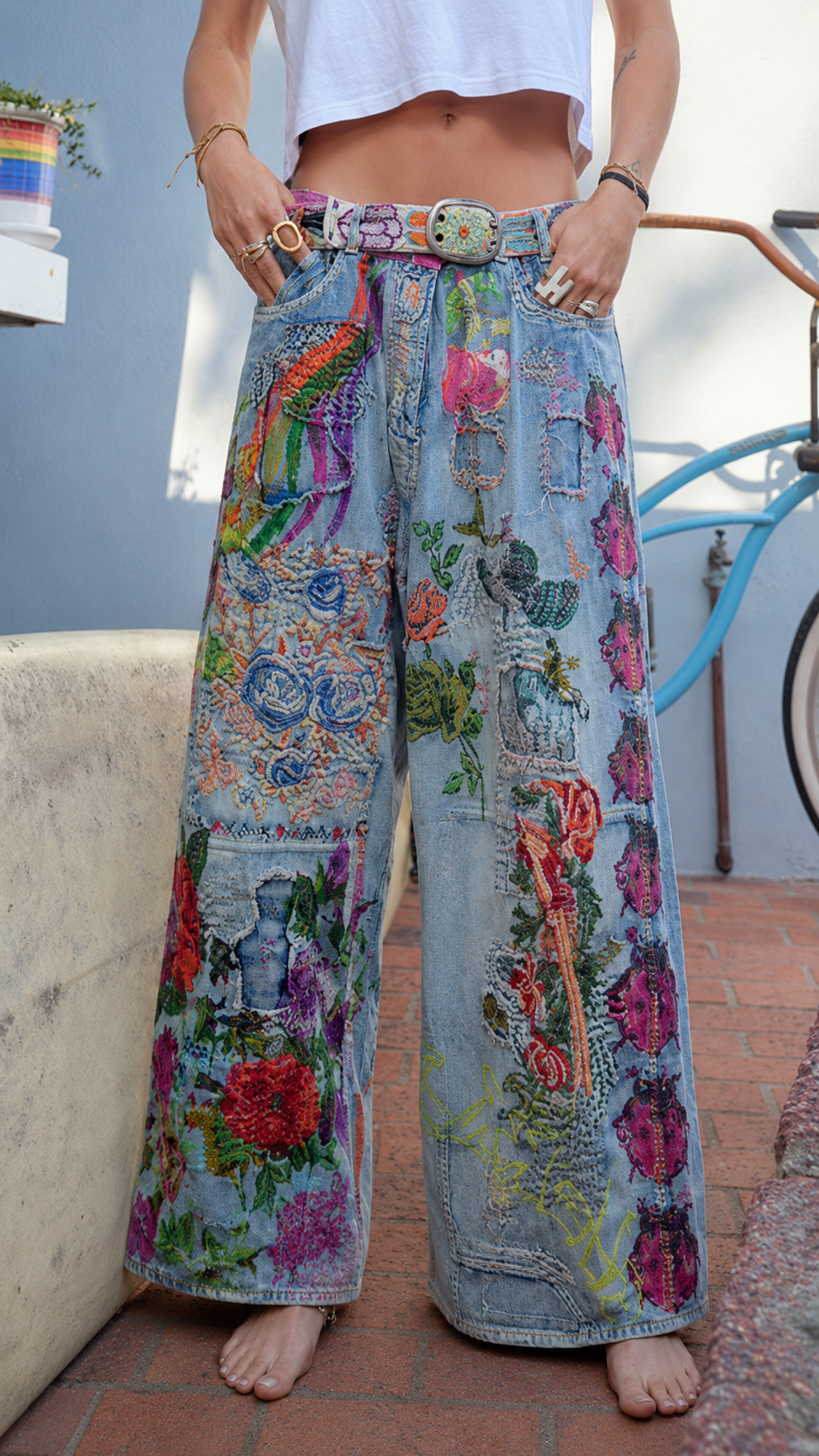Embroidered Floral Wide-Leg Jeans