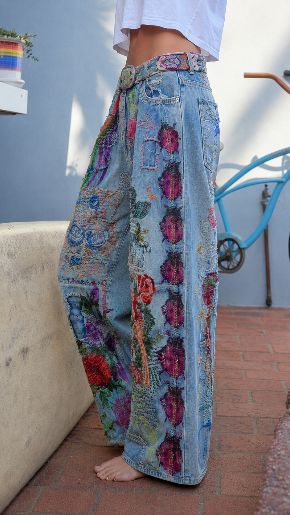 Embroidered Floral Wide-Leg Jeans