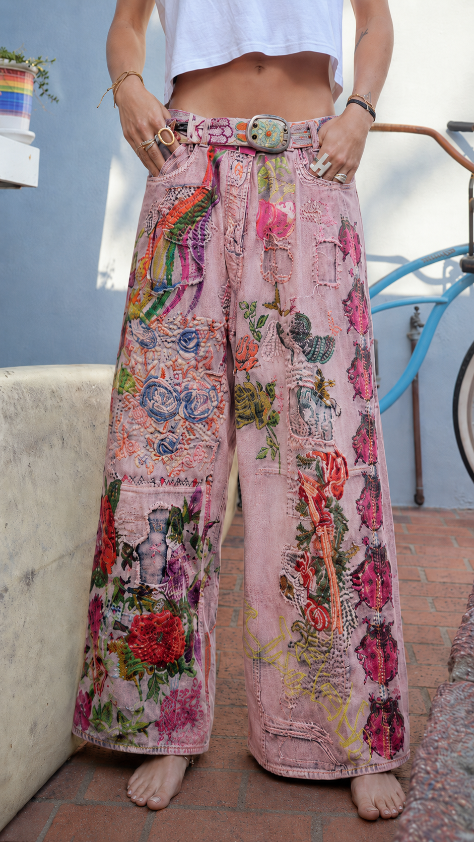 Embroidered Floral Wide-Leg Jeans