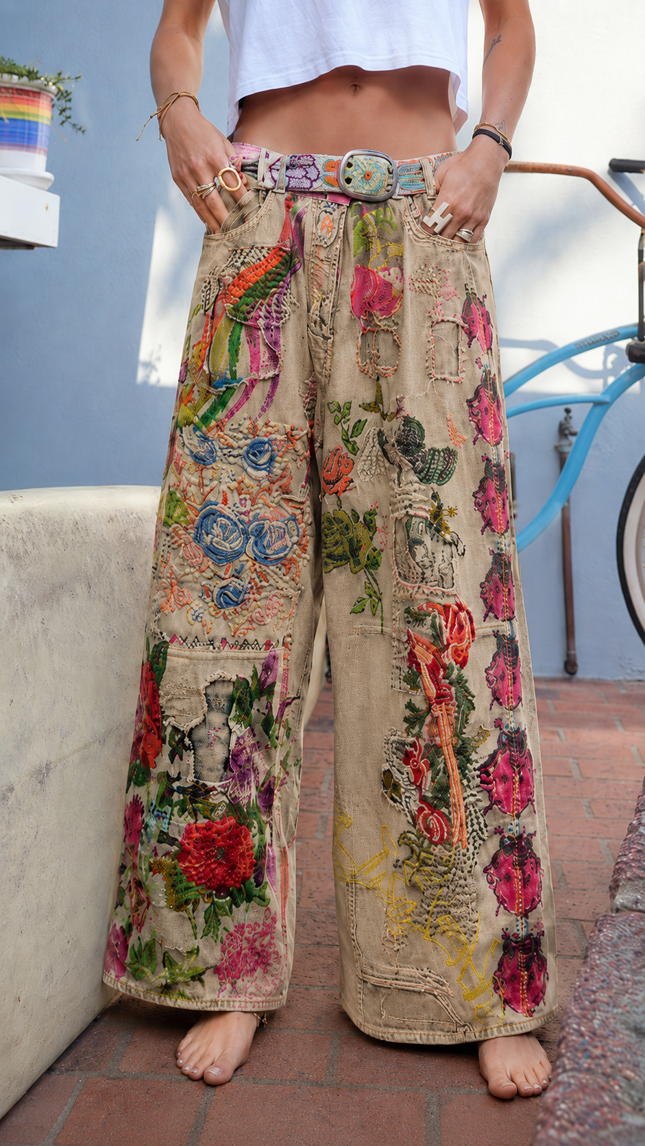 Embroidered Floral Wide-Leg Jeans