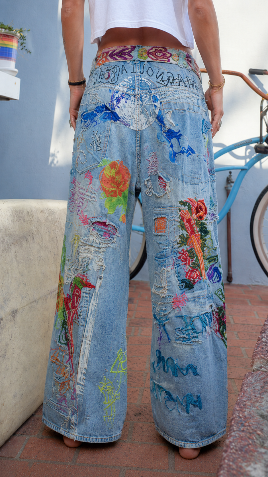 Embroidered Floral Wide-Leg Jeans