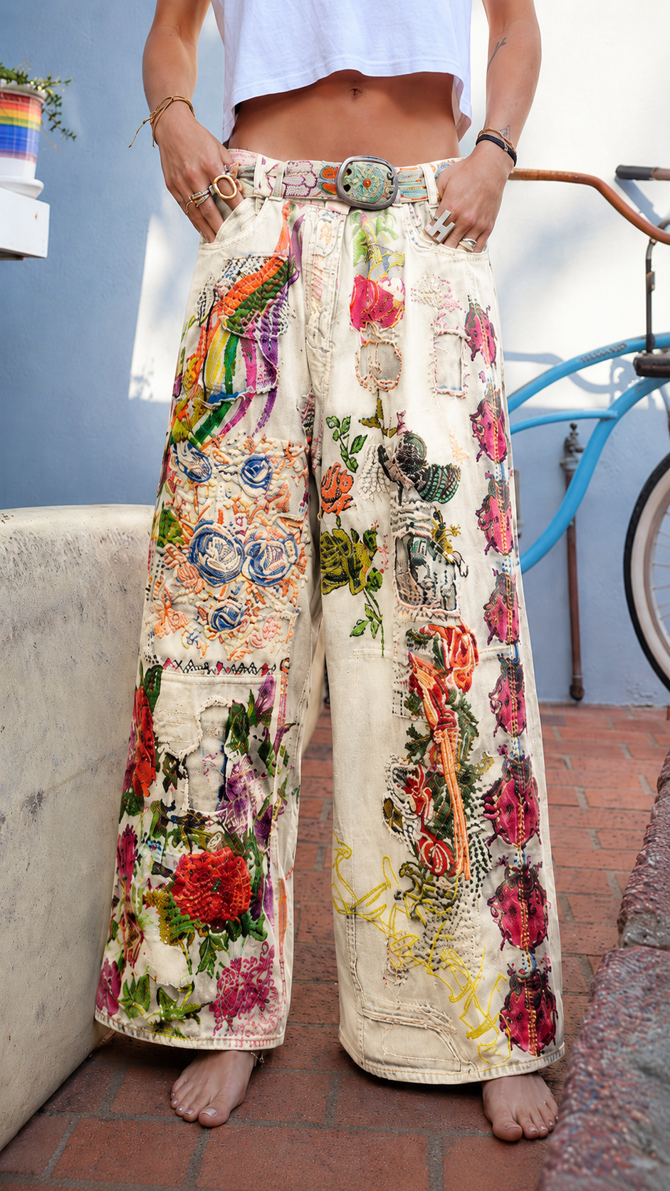 Embroidered Floral Wide-Leg Jeans