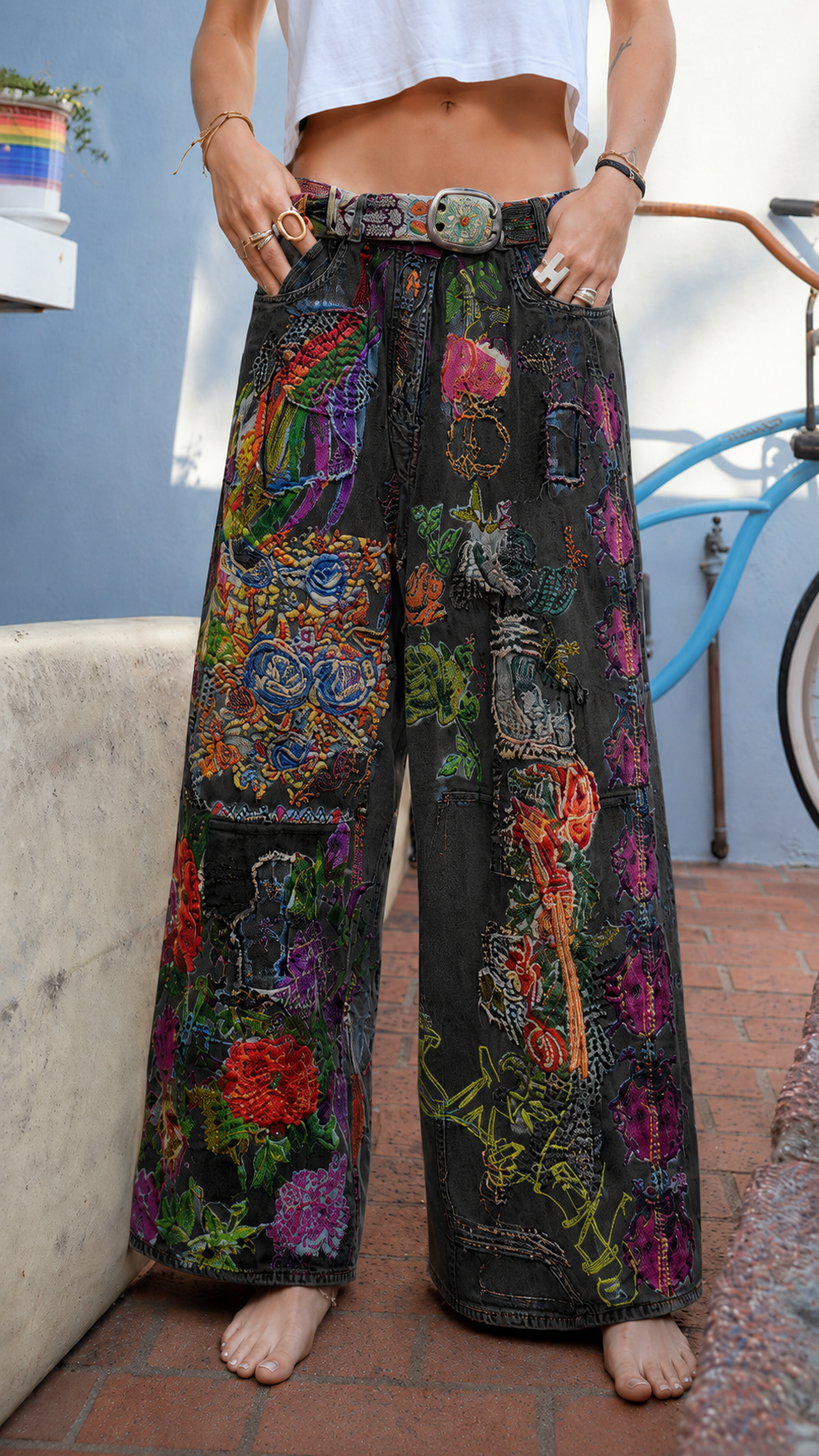 Embroidered Floral Wide-Leg Jeans