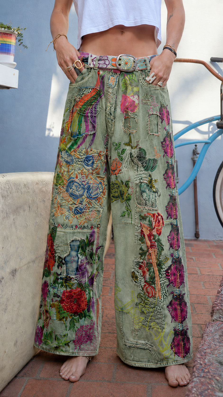 Embroidered Floral Wide-Leg Jeans