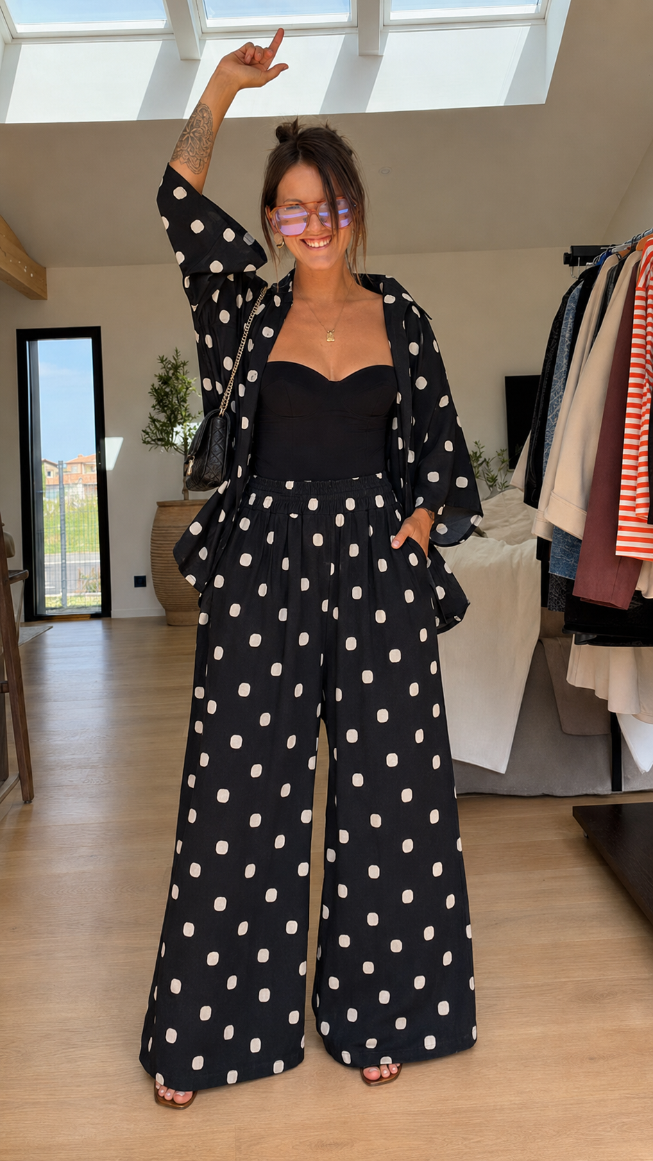 Polka Dot Wide-Leg Pants & Shirt Cover-Up Set