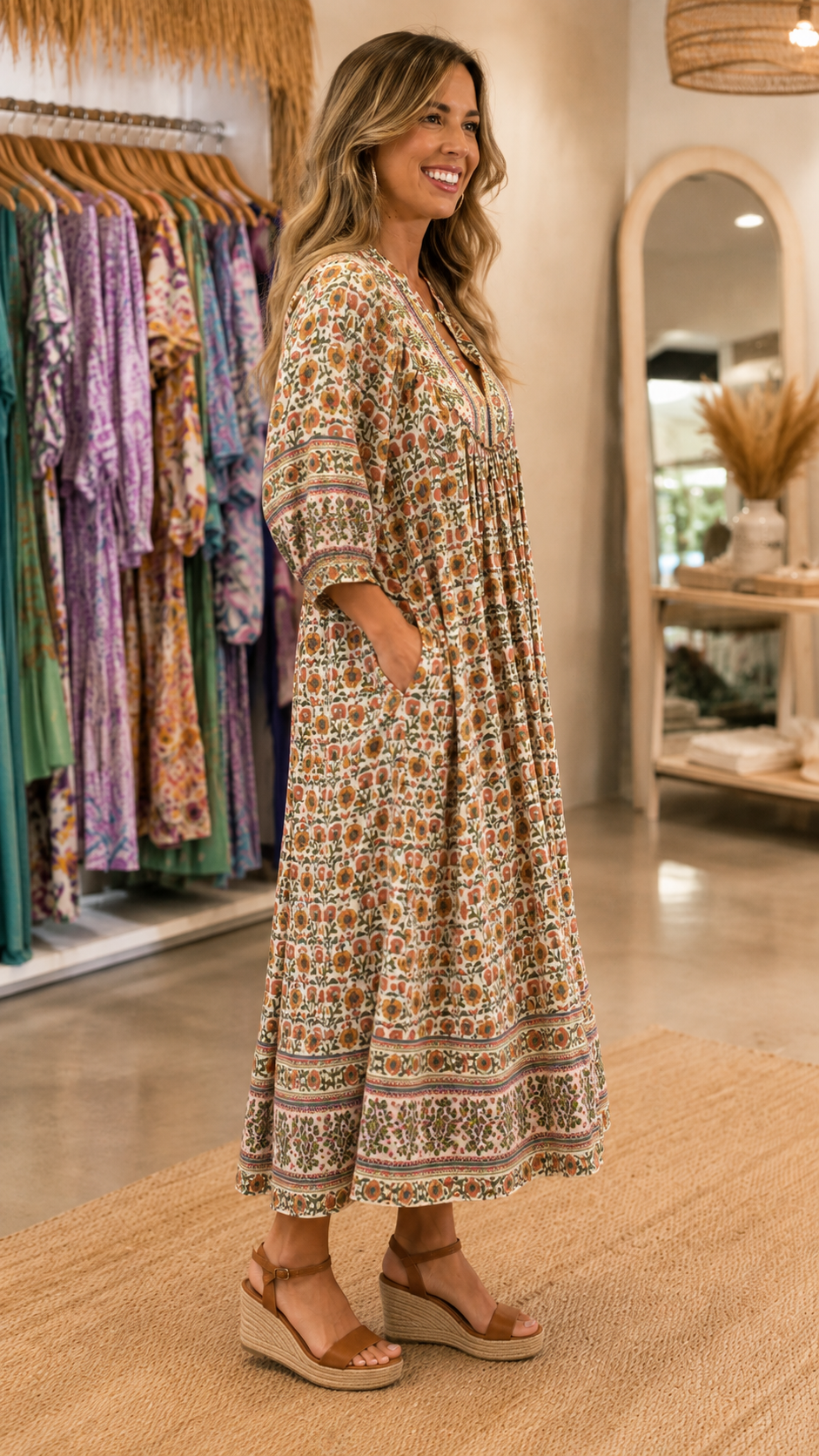 Boho Floral Print V-Neck Midi Dress