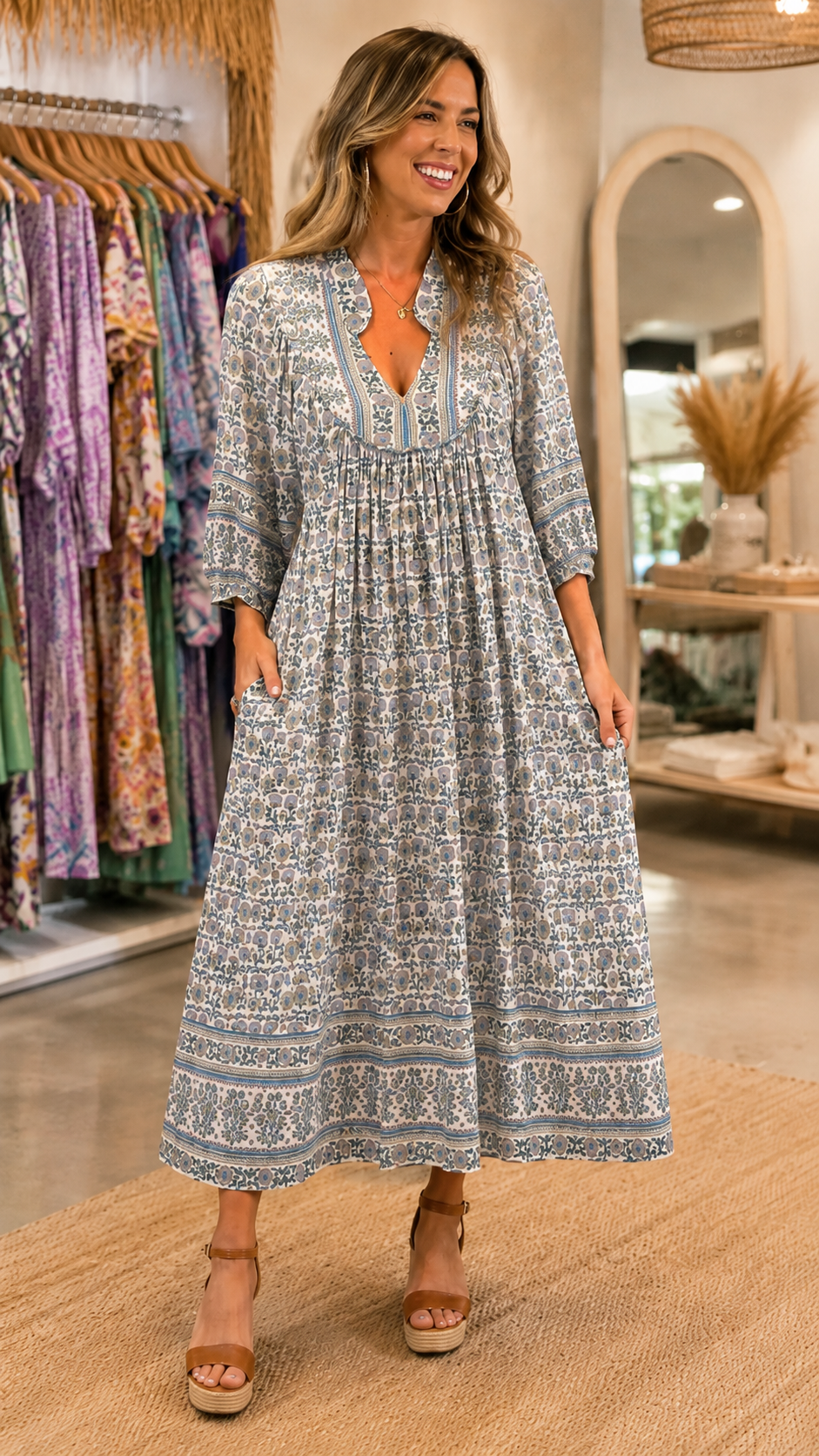 Boho Floral Print V-Neck Midi Dress