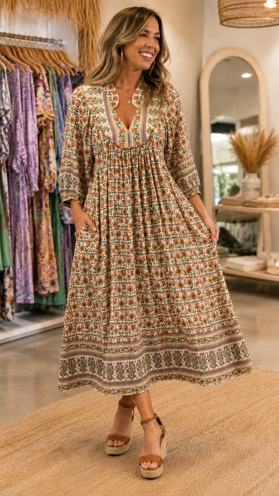 Boho Floral Print V-Neck Midi Dress
